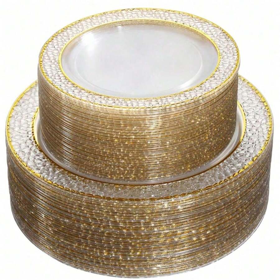 1 chiếc đĩa phục vụ cao cấp kiểu Châu Âu, trong suốt, viền vàng kép, bộ đồ ăn trang nhã cho tiệc cưới, sinh nhật, tiệc trà chiều, họp mặt gia đình, tiệc buffet khách sạn, lễ kỷ niệm, bộ đồ ăn có thể tái sử dụng.