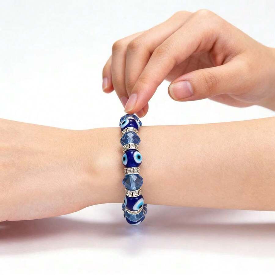 邪眼珠手链，玻璃珠手链，女士首饰 - 藍色 - 查看 1