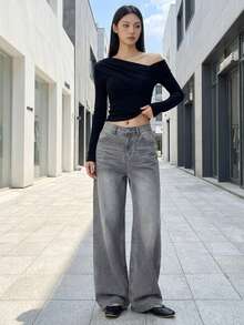 YEAE | Quần jeans ống rộng cạp cao màu xám dáng suông mùa xuân - Màu Xám nhạt - Xem 3