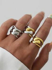 Frminee 3pcs/1pc Women's Geometric Charm 18k Gold Plated Stainless Steel Ring, Jewelry Women, Stainless Steel Jewelry, Accessories For Women, For Daily Wear - Multicolor 2 - View 3