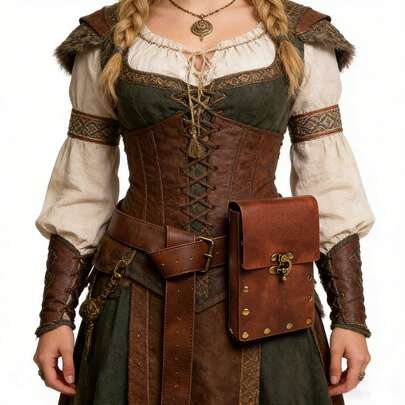 Bộ 2 món thắt lưng da PU + túi đeo hông, túi đựng điện thoại phong cách Viking Steampunk, túi đeo hông thời Trung cổ Phục hưng, phụ kiện tiệc tùng, đạo cụ chụp ảnh, phụ kiện trang phục hiệp sĩ sân khấu.
