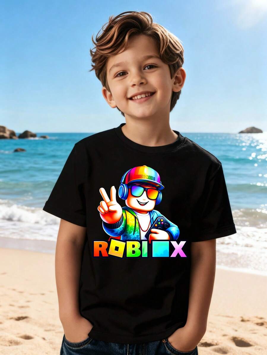 Cute Kids Shirt, Rainbow Gamer Toddler Tee, Cool Video Game Graphic Top, 100% Cotton 180g Youth T Shirt, Soft Casual Tee - 黑色 - 查看 1