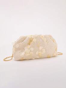 女士奶油色贝壳亮片褶皱手拿包，迷你链条斜挎包，适合婚礼、派对、舞会、晚宴等场合 - 杏色 - 查看 6
