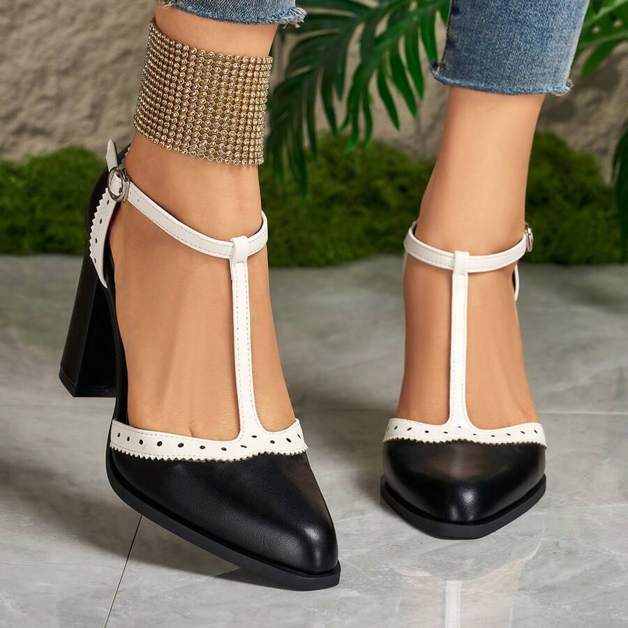 Colorblock Commuter PU Leather Geometric Pattern Women's High Heels, Suitable For Party & All Seasons - Black - View 1