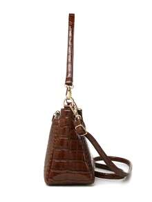 New Crocodile Embossed PU Leather Crossbody Bag For Women, Shoulder Bag Or Handbag, Glossy Classic Casual Commuter Bag - Coffee - View 6