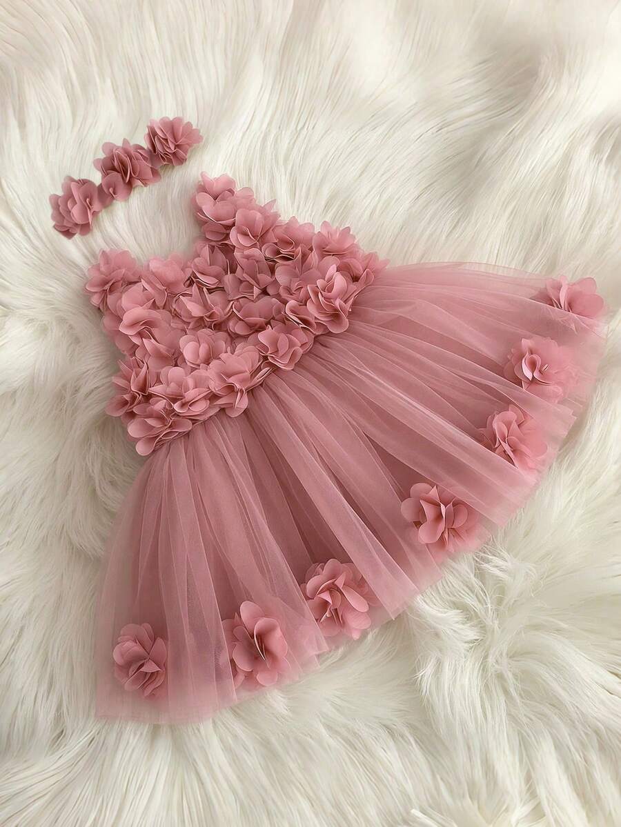 女嬰粉色3D花朵公主禮服蛋糕裙,附頭飾,適合兒童生日、花童、婚禮、重要場合及節日慶祝服飾 - 粉色 - 查看 1