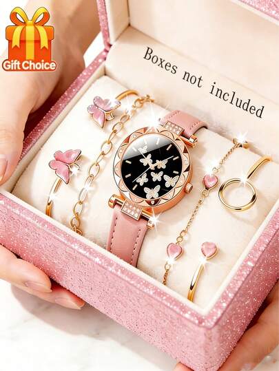 5pcs Women's Elegant Fashion Round Butterfly Dial Quartz Watch Set, PU Leather Strap, Comes With Delicate Butterfly Bracelet, Suitable For Women's Daily Wear, Birthday/Holiday Gift, Friend Gift, Party/Vacation/Travel Decoration, Perfect Gift For Women On Valentine's Day/Mother's Day