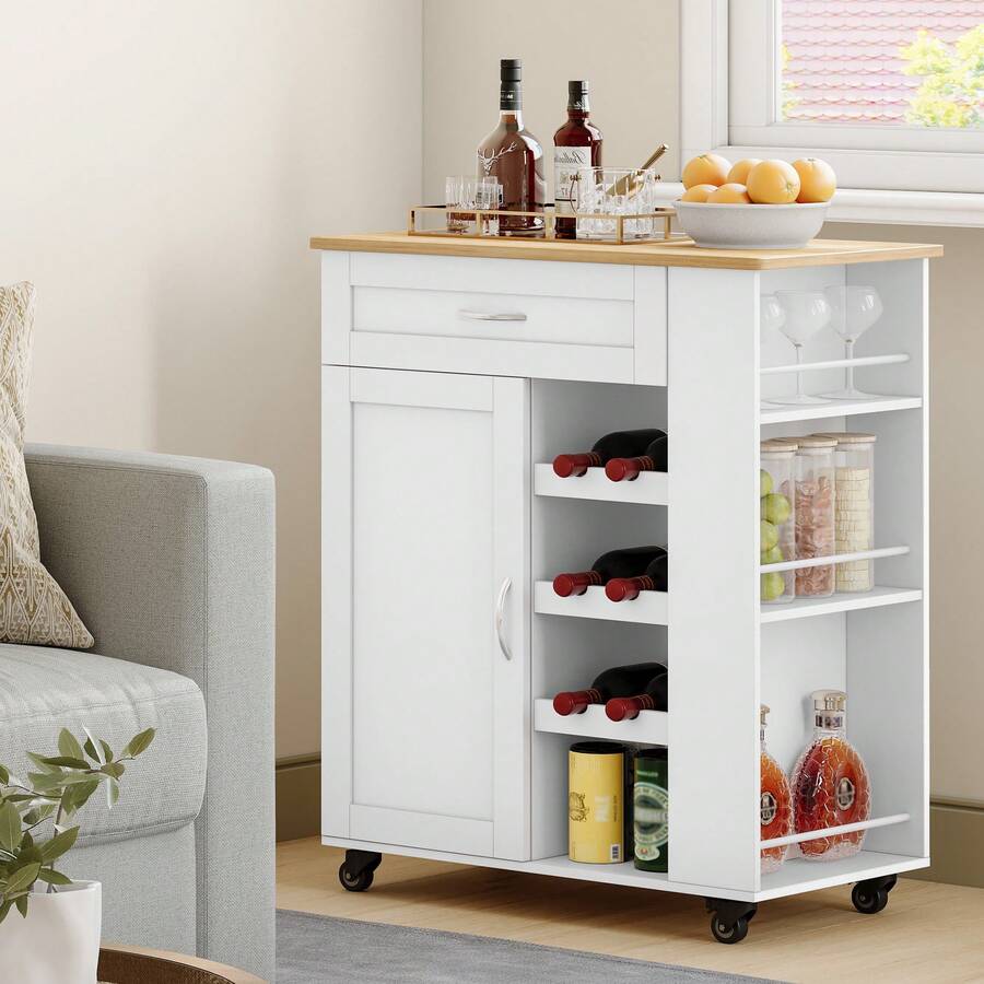 HaluPeit Serving Trolley, Kitchen Trolley With Wheels, Wine Rack, Kitchen Island, Cooking Island, Standing Kitchen Shelf Furniture, Rolling Cart, For Kitchen, Living Rooms And Dining Rooms & Outdoor Use, 68 * 86 * 40 Cm, White - 查看 1