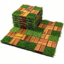 10 Pack Interlocking Acacia Wood And Artificial Grass Deck Tiles, 12"X12", 0.94" Thick, Outdoor Patio Flooring For Garden, Balcony, Entryway, Landscape Edging - Natural - View 8