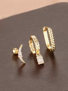 3件套不锈钢月亮耳钉耳环套装，女士18K镀金立方氧化锆水滴耳环，女士首饰 - 3pcs-金色 - 查看 2