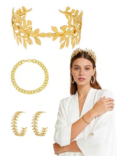3/1 Set Gold Leaf Decor Party Set, Includes Leaf Crown, Wristband, Earrings, Suitable For Daily Or Party Use, Bridal Party Headpiece, Couple Birthday Gift