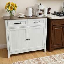 Modern Farmhouse Kitchen Sideboard With Worktop 2 Drawers Double Door Storage Cabinet For Dining Room Hallway - Grey - View 6