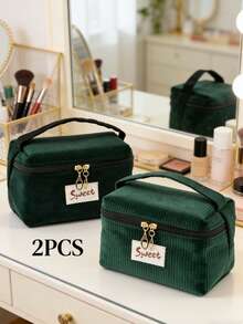 1pc Corduroy Makeup Bag With Letter Strap, Zipper Closure Portable Cosmetic Organizer, Suitable For Travel, Home, Unisex, All Seasons, Student Dorm, Mother's Day, Thanksgiving, New Year Gift - Multicolor - View 3