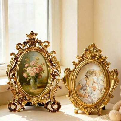 1pc Vintage Style Resin Photo Frame, Elegant Gold Oval Frame (Without Photo Paper), Suitable For Desktop Or Wall Mounting, Fits Living Room, Bedroom And Home Office Decor, Retro Baroque Style, Suitable For Classic, Farmhouse And Minimalist Homes, Ideal For Displaying Family Photos, Wedding Photos And Art Prints, A Perfect Gift For Art And Home Decor Enthusiasts.