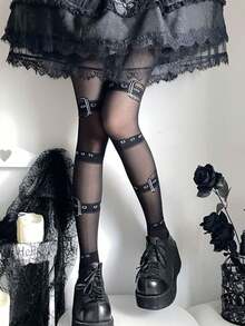 1件新款个性化性感吊袜带丝袜，显瘦印花连裤袜，女士透明丝袜 - 彩色 - 查看 6