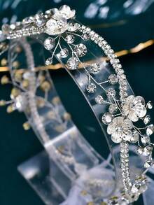 1件手工新娘头饰，合金花朵造型发饰，镶嵌水钻，交叉发带 - 銀色 - 查看 5