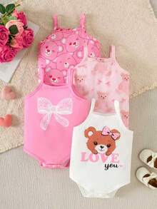 Bộ 4 món áo liền quần cho bé gái mùa hè, in hình nơ và gấu dễ thương, kiểu áo địu. - Hồng - Xem 1