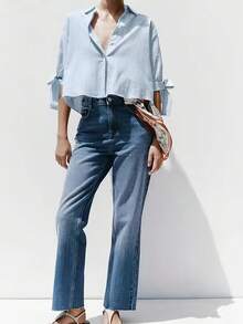 Women's Fashion Striped Lapel Shirt, Light Blue Long Sleeve Blouse With Tie Cuff Design, Short Polyester Top, Suitable For Daily Wear Spring - Blue - View 2