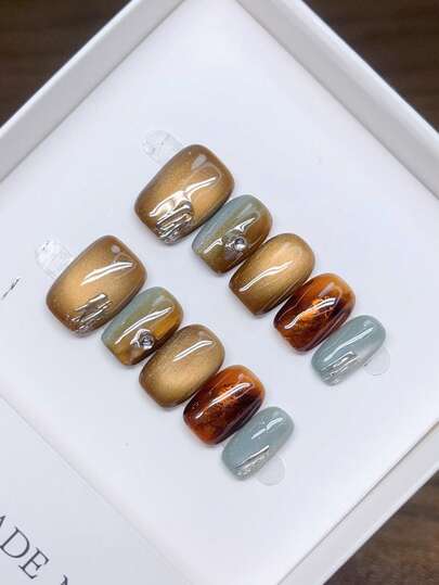 Pure Handmade Press-On Nails, Short Square Shape, Hand-Painted Gradient Cat Eye Nails, High-Quality Elegant Minimalist Design, Full Cover Faks, Y2K Nails, Unique Niche Creative False Nails, Daily Nails, Cute Modern Style Nails, Suitable For Daily Use, Summer And Spring Nails, Detachable And Reusable, Suitable For Women S At Parties And Evenings