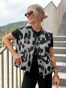 Áo khoác không tay bằng len in họa tiết da báo thanh lịch, có khóa kéo, thích hợp mặc trong nhiều lớp áo cho kỳ nghỉ thu/đông. - Xám - Xem 8