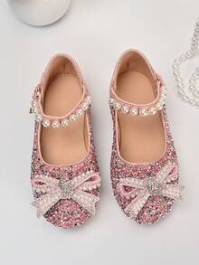 Nuevos zapatos de estilo Mary Jane con diamante de imitación de moda para niños, zapatos de princesa para niños con lazo de perlas y brillo rosa - Rosa - Ver 6