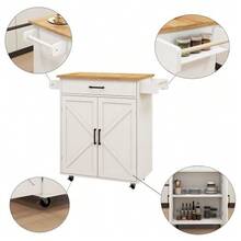 Kitchen Island Rolling Trolley Cart With Adjustable Shelves & Towel Rack & Seasoning Rack Rubber Wood Table Top-White - White - View 9