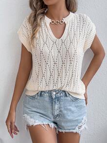休闲性感V领金属扣落肩短袖针织上衣，春夏款 - 杏色 - 查看 5