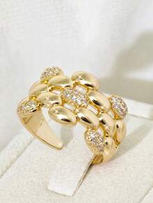 1pc Fashionable Unique Design Micro-Inlaid Zirconia Geometric Open Ring, Copper Plated Zirconia Ring For Women - MX006 - View 1