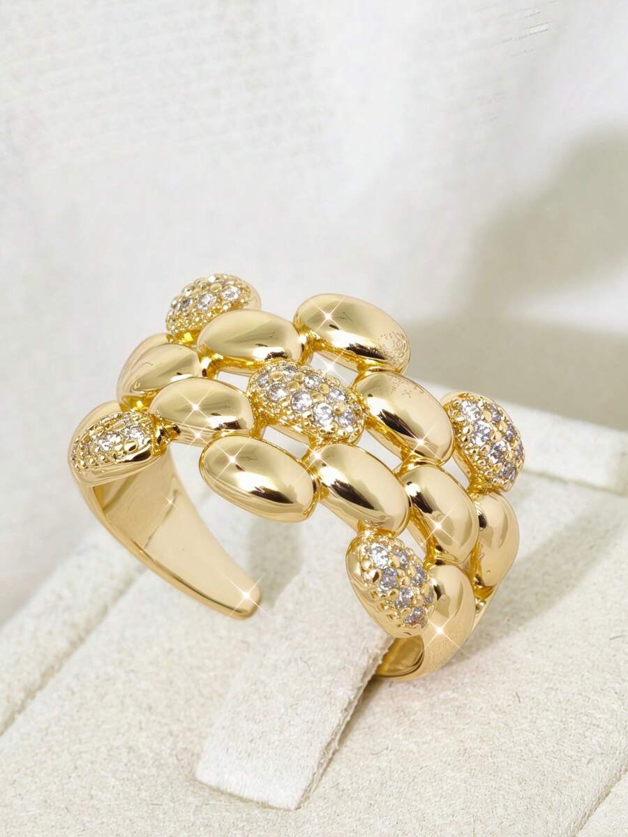 1pc Fashionable Unique Design Micro-Inlaid Zirconia Geometric Open Ring, Copper Plated Zirconia Ring For Women - MX006 - View 1