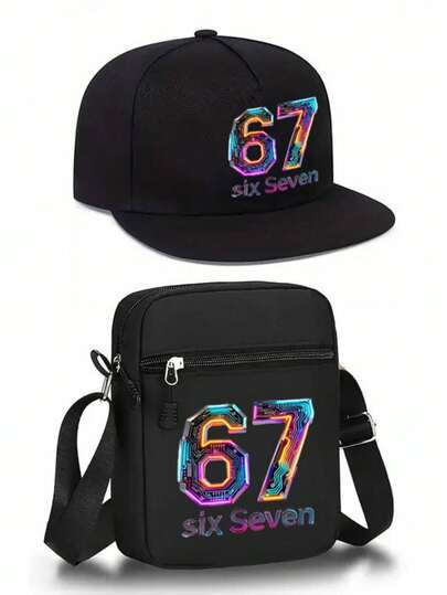 1pc/2pcs Creative Techno-Style "67" Graphic Print Baseball Cap And Crossbody Bag Set, Streetwear Fashion Outdoor Sports Adjustable Flat Brim Cap And Shoulder Bag, Gift For Friends And Anniversary