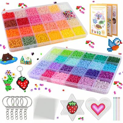 Bộ dụng cụ tự làm hạt nhựa nung chảy hai ngăn bán chạy nhất | Hộp đựng hai ngăn lớn giá trị + Hàng ngàn hạt nhựa nung chảy nhiều màu sắc, bao gồm đế hình trái tim/ngôi sao, sách hướng dẫn, giấy ủi và phụ kiện móc khóa, thích hợp làm quà tặng thủ công cho người từ 14 tuổi trở lên.