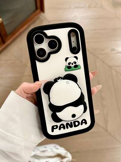 可爱3D熊猫剪影保护手机壳，带支架，适用于 14 Pro Max、15 Pro、12、11、13/17 Pro、16，防震撞色卡通设计