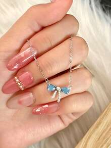 1件S925纯银甜美优雅天然宝石蝴蝶吊坠项链，法式甜美少女风锁骨链，百搭派对、工作场合，送给闺蜜的礼物 - 蝴蝶結 - 查看 5