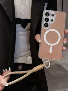 奢华纯色果冻光泽磁吸无线充电手机壳 + 尼龙挂绳，兼容三星 Galaxy S26 Ultra S25 Ultra S26 Plus S24 Ultra S23 Ultra S22 Ultra S25 S24 Plus A57 A56 A55，简约亚克力硬壳软边框防震保护套 - 奶茶色 - 查看 3