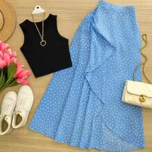 Women's Long Wrap Skirt In Viscose Linen With Tie Detail – Style And Comfort – One Size - Blue Polka Dot - View 5