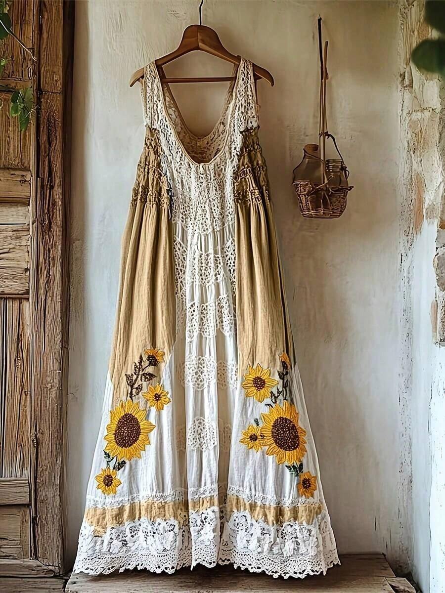 Women's Plus Size Boho Maxi Dress, Sleeveless V Neck Embroidered Patchwork Casual Dress (Multiple Patterns Available) - 黃白 - 查看 1