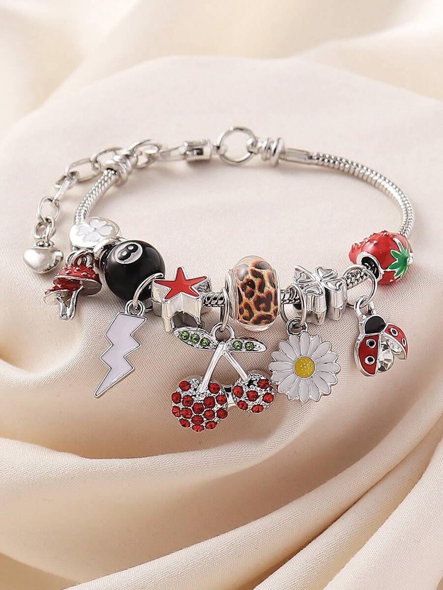 1pc Y2K Elegant Fashion Sweet Cute Rhinestone Fruit Cherry, Daisy, Lightning, Billiard Ball 8, Four-Leaf Clover, Beetle Pendant Adjustable Detachable Copper Bracelet, Suitable For Women Party, Large Gathering, Prom, Banquet, Perfect Gift For Friends And Family, All Seasons, Photography, Commuting, Daily Wear - Multicolor - View 1