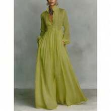 Elegant French-Style Dress For Women, Fitted, Long-Sleeved, Plain Emerald Green, High Neck And Raglan Sleeves, Ideal For Vacation - 中等水洗藍 - 查看 8