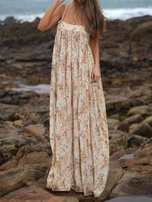 XINMEI Rochie de vară cu imprimeu floral, rochie lungă boemă, elegantă, din material tricotat, fără spate, potrivită pentru întâlniri, petreceri, festivaluri, plaje, vacanțe, nunți și alte ocazii - Galben - Vizualizare 2