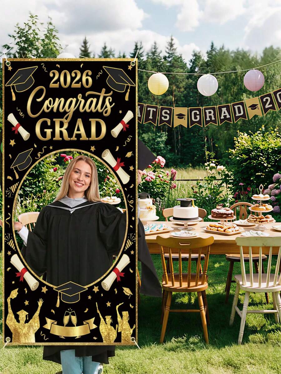 1pc - Customized 2026 Graduation Photo Backdrop Banner, Black Background With Gold Text, Personalized Polyester Fiber Photo Background For Outdoor Events And Entrance Decor, Diploma, Graduation Cap, Graduate Silhouette Design, Suitable For Graduation Ceremony Celebration - Multicolor - View 1