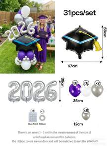 31件套2026毕业派对装饰气球套装，4种配色方案（红、蓝、紫、绿） - 巨型毕业帽铝箔气球 + 16英寸银色字母气球（2026）| 毕业典礼、毕业照、毕业派对、校园活动、周年庆典、2026毕业派对装饰 - 31pcs - 查看 9