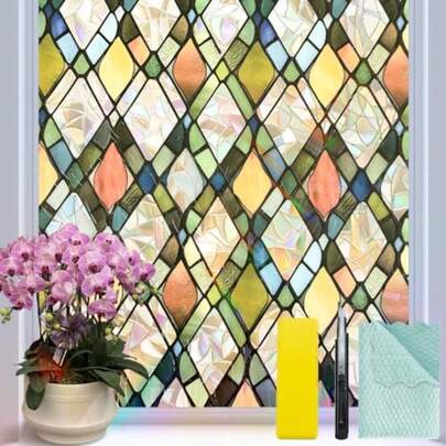 Película de privacidad para ventanas Película de privacidad con efecto de vitral Película bloqueadora de calor y UV con adherencia estática Película decorativa para dormitorio Adhesivo con enrejado colorido para hogar/oficina 17.5x78.7 pulgadas