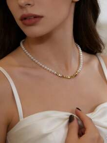 1 chiếc vòng cổ vàng vụn và ngọc trai, vòng cổ choker mạ vàng sang trọng tối giản, quà tặng cho bạn gái/phụ nữ, vòng cổ ngọc trai, túi màu xám (số lượng ngọc trai ngẫu nhiên) - Vàng - Xem 7