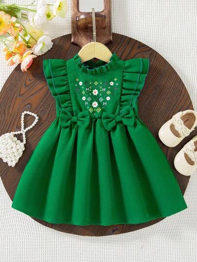 Đầm mùa hè mới dễ thương cho bé gái, họa tiết hoạt hình hình học, viền bèo nhún, không tay, trang trí nơ, dáng chữ A, kiểu dáng thường ngày.