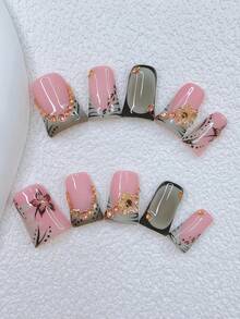 10 piezas Conjunto de uñas postizas con pico de pato estilo Y2K - Hechas a mano, uñas rosas, uñas negras, uñas con puntas francesas verdes, uñas con flores negras dibujadas a mano y ramas de flores negras, arte de uñas con flores negras, uñas dibujadas a mano, decoración con piedras de imitación doradas y flores doradas - Multicolor - Ver 12