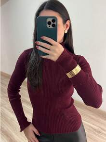 Women's Ribbed Knit Blouse, High Neck, Long Sleeve, Elegant, Simple, Knitted Polyester, Home, Beach, Daily - Burgundy - View 2
