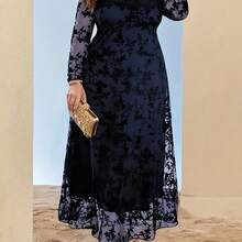Plus Size, Elegant Plus Size Printed Long Sleeve Dress With Flocked Mesh Hem - Flared Umbrella Skirt, Bodycon Top And Bell-Shaped Bottom For All Seasons - 黑色 - 查看 6