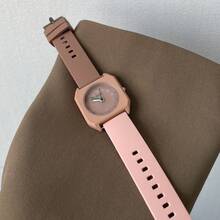 1 pieza Reloj de mujer de color macaron refrescante, correa de silicona de color contrastante, reloj de cuarzo casual para estudiantes/niñas - Marrón Chocolate - Ver 2