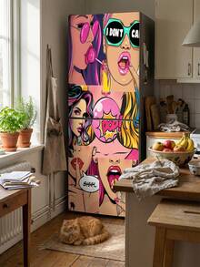 1pc Pop Art Fridge Sticker, Retro Comic Girl Pattern, Removable Waterproof Vinyl Material, Self-Adhesive Refrigerator Wrap Cover, Easy To Apply & Reusable, Ideal For Kitchen Fridge Decor, Home Appliance Makeover, Apartment Decor & Fun Kitchen Accessories - 001 - View 2