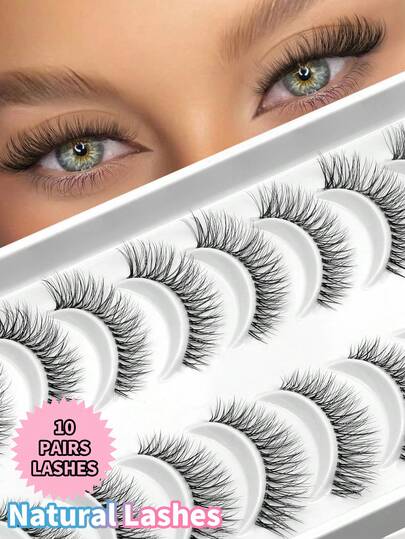 GROINNEYA 10 Pairs Wispy Lashes Clear Band False Eyelashes Natural Mange Lashes Short Light Eyelashes Fairy Criss-Cross 3D Mink Lashes,Daily Makeup Fit For Various Occasions